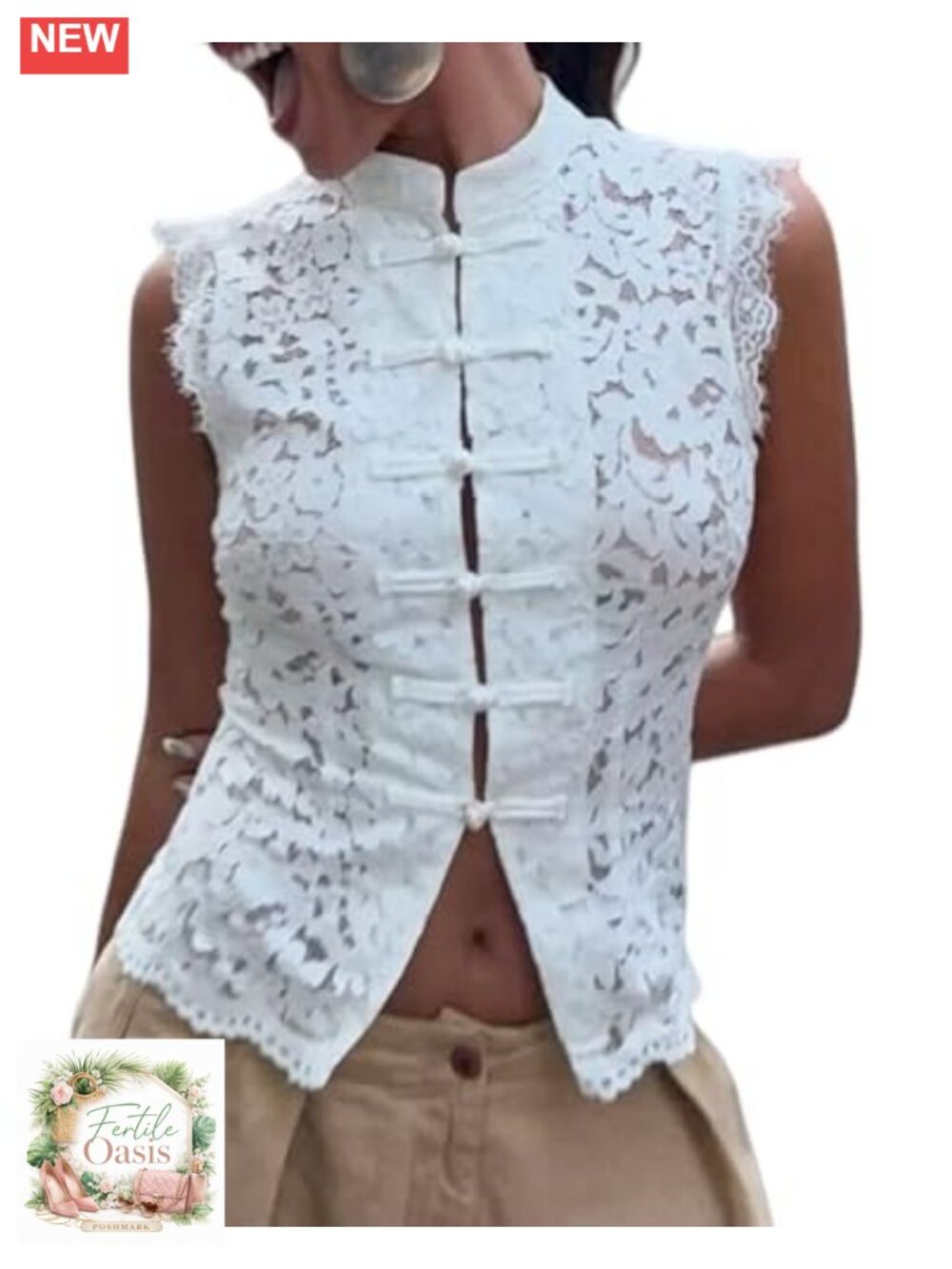 Sheer Lace Mock Neck Sleeveless Crop Tank Top Mandarin Collar Frog Button